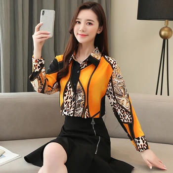 2021 Slog Oblačila Korejski Tiskanje Leopard Šifon Bluze Za Ženske Letnik Majice Z Dolgimi Rokavi Gumb Dame Vrhovi 8092 50