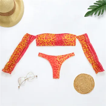 Oranžna Leopard Kopalke Ženske 2021 Kopalke Oblazinjeni Nizko Pasu Kopalne Obleke Dveh Kosov Ženskih Push Up Dolg Rokav Bikini Komplet