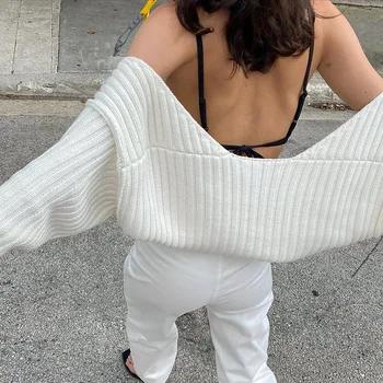 Waatfaak Odrezana Jopico Pletenine Jeseni Long Sleeve Vintage Bela Moda Y2K Pulover Ženske Seksi Obreži Zgoraj Harajuku 90. LETIH 2020