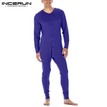 Barva Moške Pižame Jumpsuit Homewear Dolg Rokav V Vratu Gumb Mens igralne obleke Sleepwear Prijetno preživljanje Prostega More INCERUN S-5XL