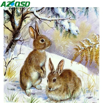 AZQSD Diamond Slikarstvo Zajec Pozimi 5d Diamond Vezenje Živali, Ročno izdelan Darilni Navzkrižno Šiv Kompleti Sliko Okrasnih Darilo