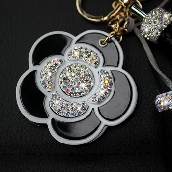 Luksuzni Ogledalo Kristal Rose Cvetje Keychain Vrečko Obesek Za Avto Okraski Čar Za Ženske Usnje Ključnih Verige Tassel Key Ring Porte
