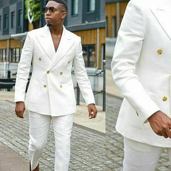 Dvojno Zapenjanje Bele Obleke za Moške Ženina Poročna Tuxedos Dosegla vrhunec River 2 Kos Slim Fit Moški Komplet Jakna z Hlače Modni Nova