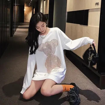 NOVI korejski Beading Nosi Pulover Harajuku Kawaii Ulične Ženska Pozimi Vrhovi Majica Kristalno Prevelik Japonski Modni