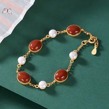 Srebro vdelan naravnih Južno Rdeče Agate Zapestnica Kitajski retro slogu edinstveno stari zlato obrti svetlobno razkošje ženske blagovne znamke nakit