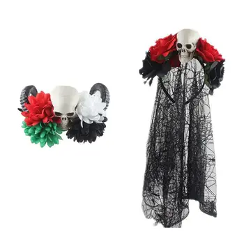 Ženske Halloween Umetno Rose Cvet Lobanja, Obraz, Glavo z Black Čipke Tančico Mehiški Dan Mrtvih Krono Cosplay Lase Hoop