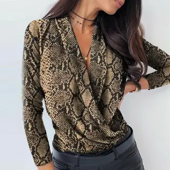 Ženske Majice Slim Bluzo Draped Long Sleeve Solid Color Slim Srajce Moda Urad Ženske Globoko V-Neck Leopard Tiskanja Vrhovi Shein