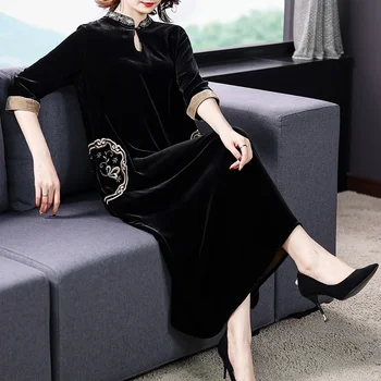 Zlato žametno obleko ženske 2020autumn nov modni self-gojenje stranka izboljšano cheongsam obleko velikosti M-4XL elegantno vestidos