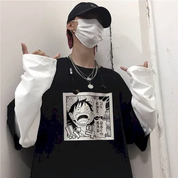 Japonska tshirt ženske Harajuku majica s kratkimi rokavi moški vrhovi nekaj long sleeved majica s kratkimi rokavi moški jeseni korejski svoboden študent divje ponaredek dva kosa
