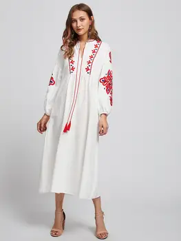 Etnične Slog Muslimanske Ženske Dolg Rokav Maxi Obleko Vezenje Arabski Abaya Cocktail Vrvico Vintage Obleko Ukrajinski Vyshyvanka