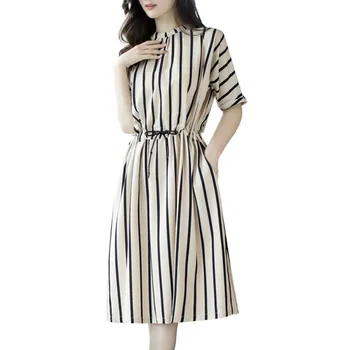 Novo leto 2020, za Ženske Eleganten Črtasto Retro Obleko Navpične Črte Obleko Ženskih Poletnih korejska različica