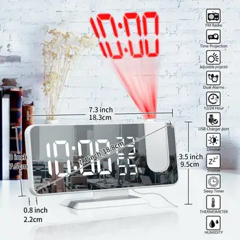LED Digitalna Radio Budilka Termometer Zaslon Ogledalo Lučka Noč Svetlobe USB Wake Up FM Radio Čas Projektor 2 Alarm