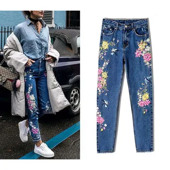 Nova Modna Oblačila za Ženske Traper Hlače Ravne Dolge Jeans Hlače 3D Cvetje Vezenje Visoko Pasu Dame Jeans Hlače Legging