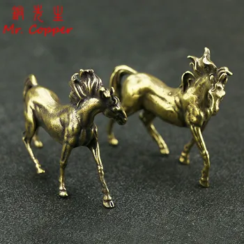 Starinsko Bakra, 1 Par Konj Miniature Figurice Okraski Trdni Brass Živali Žrebec Kip Namizne Dekoracije Doma Dekor Notranjost