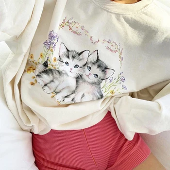 Artsu 2020 Mačka Tiskanja Lepe Bele Prevelik Majica Jeseni Dolg Rokav Znoj Shirt Priložnostne Ohlapen Pulover Lady Ulične 41302