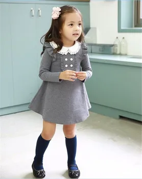Pomlad jesen nov prihod bombaž korejsko dekle obleko lutka ovratnik, dolgi rokavi priložnostne dekleta-line mini obleka otroška oblačila