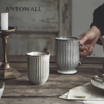 ANTOWALL Nordijska keramične posode vrč home office skodelico kave retro proge pokal zajtrk mleko vrč