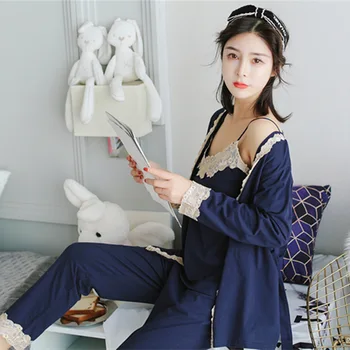 Koreja Eleganco Cvetlični Bombažno Pižamo Določa Ženske z Dolgimi Rokavi Bombaž Pižame Seksi Cami Vrh +hlače +haljo 3-kos Homesuit
