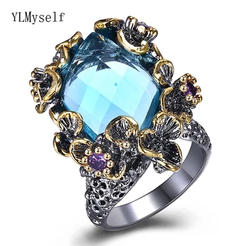 Fantastično velik pravokotnik modra kristal obroči trendovski nakit black prekrita hitra dostava visoke kakovosti nakit velik obroč cvet