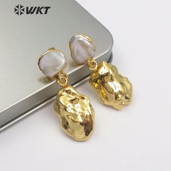 WT-E490 WKT Najbolje prodajanih pearl stud z naravnimi naključno velikost Baročno biseri polno zlata dip barvanje ženski uhani darilo nakit