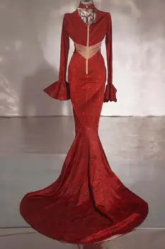 Moda Za Ženske Večer Stranka Okrasnih Sirena Obleko Za Rojstni Dan Praznovanje Rdeči Kristali Suh Fishtail Obleko Pevka Dolgo Obleko