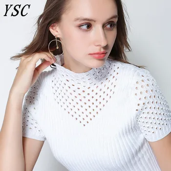 YSC 2018 Jeseni Vroče Prodaje francoskem slogu Kašmir Volne Pulover Pol Visok ovratnik barva pol rokav izdolbel pulover