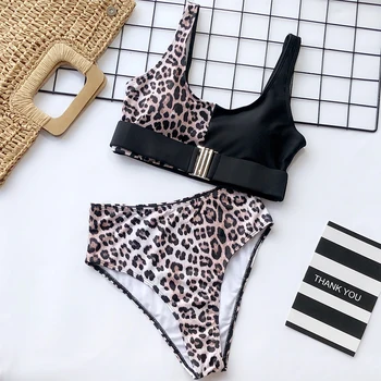 Seksi Visoko Pasu Bikini 2020 Kopalke Ženske Leopard Tiskanja Kopalke Bandeau Push Up Bikini Komplet Sponke Kopalke Plaža Obrabe