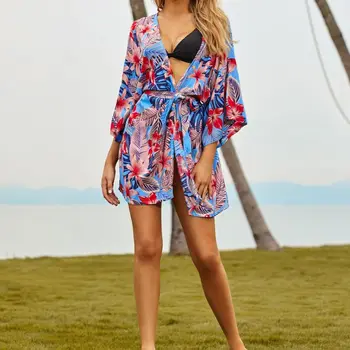 Ženske 3/4 Rokavi Kratkimi Bikini Prikriti Pisane Tropske Listi Cvjetnim Natisne Kimono Jopico Belted Pas Plažo
