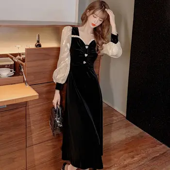 COIGARSAM francoskem Slogu Žensk enodelno obleko korejski Novo Vintage Obleke Črne 635