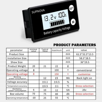 LCD Zmogljivost Baterije Zaslon Indikator Napetosti, Merilnik svinčevih Litij-LiFePO4 Avto, motorno kolo, Voltmeter Napetostni Profil DC 8V-100V