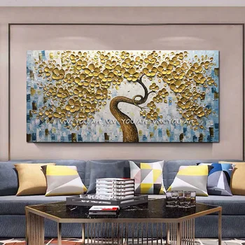 Ročno poslikane 3Dflower Sliko Cvet oljna slika Abstraktna umetnost Ročno Sodobne Zlato drevo Oljna slika, Doma Dekor za dnevno Sobo