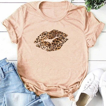 Big Leopard Ustnice Natisnjeni Ženske T-shirt Kratek Rokav Priložnostne Poletje Smešno T-shirt Ženska Graphic Tee Shirt Femme Ropa De Mujer