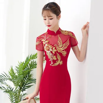 Rdeča tradicionalni Kitajski slog Neveste poroka Obleke, Vezenje cheongsam obleke haljo Stranka večerno obleko poročiti Qipao Vestido S-3XL