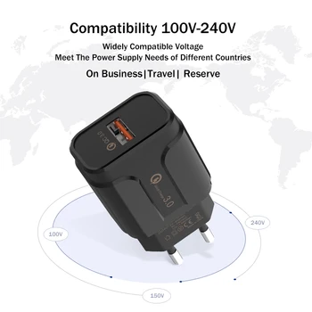 Univerzalni Potovalni Polnilnik USB Adapter EU Priključite Polnilnik QC3.0 Turbo Hitro Polnilnik 5V/3A 9V/2A Za Huawei Xiaomi iPhone Samsung