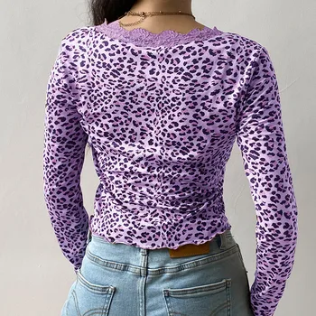 Seksi Žensk V Vratu Leopard natisniti Tee vrhovi Moda Dolg rokav Slim Gumbi T-majice Jesen Pomlad Ruched Čipke Priložnostne Odrezana Tee