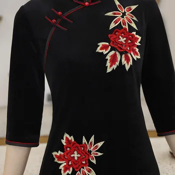 Sheng Coco Ženske Črna Vezene Cheongsam Dolg Rokav Cheongsam 4XL Velikosti Tradicionalna Kitajska Obleka Letnik Qipao