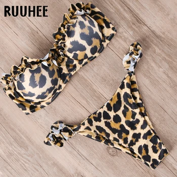 RUUHEE Bandeau Bikini Kopalke Ženske Kopalke Seksi Ruffle Bikini Komplet Push Up kopalke Ženske Brazilski Leopard Kopalke 2021