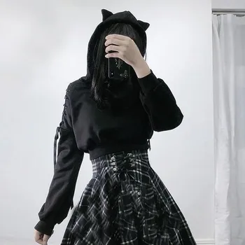 Harajuku Majica Ženske Punk Gothic Hoodie Jeseni, Pozimi Plus Žamet Votlih Iz Čipke Dolg Rokav Luštna Mačka Ušesa Hoodies 4