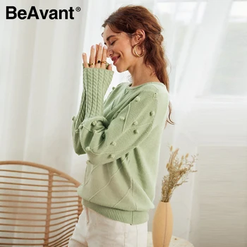 Beavent Elegantno krzno pompon pulover Jeseni, pozimi luč rokav pleteni pulover ženske Ulične ženske zeleni pulover 2020