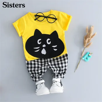 Sestre, otroci, oblačila, tiskanje lepe risanke mačka t-shirt + kariran hlače 2PCS set za 1-4 yrs star dojenček fant dekleta