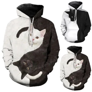 Harajuku Ženske In Moške Majica Jeseni Vrhovi Svoboden Cat Natisnjeni Vzročno Dolg Rokav Vrhovi Priložnostne Hoody #T2G