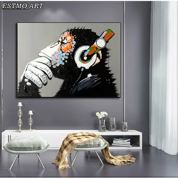 Dekorativne Slike Platno Slikarstvo Opica Poslušanje Glasbe Plakat Dekorativni Glasbe Mesto Grafiti Umetnost Svile Tiskanja Živali UMETNOST Plakatov