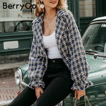 BerryGo Moda kariran tweed jakna ženske plašč Svoboden luč rokav ulične coats Elastična visoko pasu dame jopiči outwear