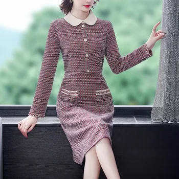 Spomladi jeseni pozimi Visoka Kakovost Modnih Priložnostne Ženske Tweed Dolg Rokav OL Obleke Vesitdos