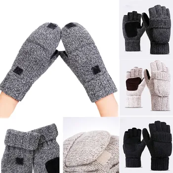 Unisex modna volne, pletene rokavice pol prsta flip moške in ženske zimske volna plus žamet debelo usnje toplo outdoor, jahanje rokavice