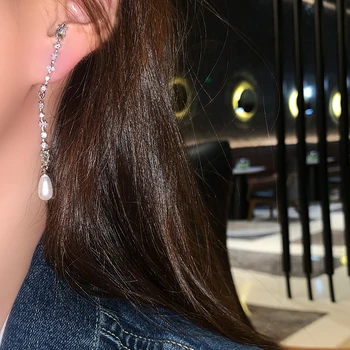 Moda prevoz nazaj visi pearl vdelan diamant dve nošenje asimetrične Uhani temperament uhani, uhani ženska moda
