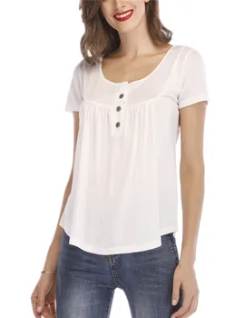 Priložnostne barva ženska majica T-shirt naguban gumb ohlapno okoli vratu T-shirt kratek rokav vrh