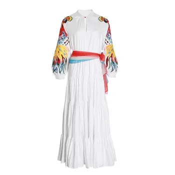 2020 Vezenje Mozaik Belo Obleko Maxi O Vratu Luč Rokav Jeseni, Pozimi Oblikovalec Obleke Vestdios