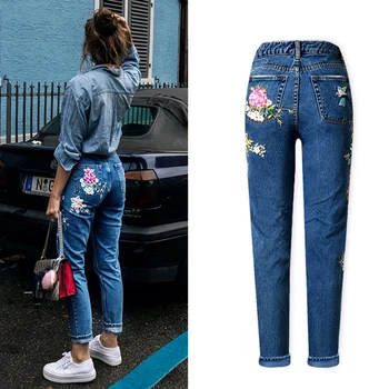 2021 Novih Modnih ženskih Oblačil Ravne Dolge Jeans Hlače 3D Cvetje Vezenje Visoko Pasu, Ženske Vitek Jeans Hlače Legging