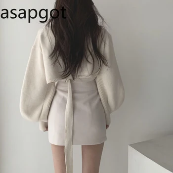 Korejski Chic Elegantno Proti-vrat Nazaj Čipke Nezakonitih Luč Rokav Pleteni Pulover Visoko Pasu Vrečko Hip Krilo Ženske Modni Priložnostne